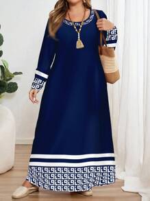 EMERY ROSE Plus Size Geometric Print Crew Neck Long Sleeve Dress, Suitable For Spring And Summer Autumn And Winter - Multicolor - View 4