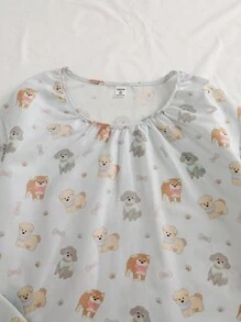 Teen Girl Casual Cartoon Dog Print Long Sleeve Top And Pants 2 Pieces Pajama Set, Blue Kids Dog Print Pajamas Dog Pajamas Kids - Blue - View 5