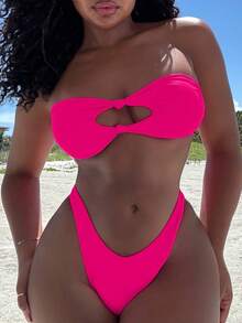 Alexandranx Summer Beach Solid Bikini Set Knot Decor Bandeau Top & High Cut Bottom 2 Piece Bathing Suit - Hot Pink - View 3