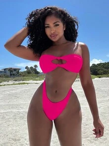 Alexandranx Summer Beach Solid Bikini Set Knot Decor Bandeau Top & High Cut Bottom 2 Piece Bathing Suit - Hot Pink - View 4