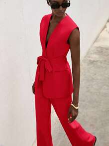 Aveloria Modichic Women Solid Color Sleeveless Vest & Trousers Suit, Fashionable For Summer - Red - View 1