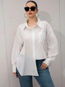EMERY ROSE Áo sơ mi tay dài màu trắng rộng rãi, thường ngày, cỡ lớn, có túi - trắng - Xem 1