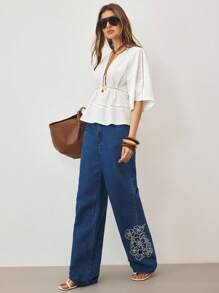 ATUI Studio Damen Lässig vielseitige einfarbige Bluse mit Glockenärmeln und Spitzenbesatz, Boho Damenbekleidung, Western-Wear für Damen, Rave-Outfits Festival, Western-Wear für Damen - Weiss - Übersicht 1