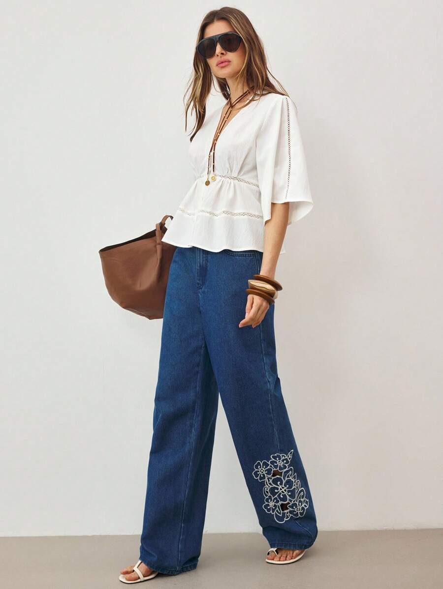 ATUI Studio Damen Lässig vielseitige einfarbige Bluse mit Glockenärmeln und Spitzenbesatz, Boho Damenbekleidung, Western-Wear für Damen, Rave-Outfits Festival, Western-Wear für Damen - Weiss - Übersicht 1