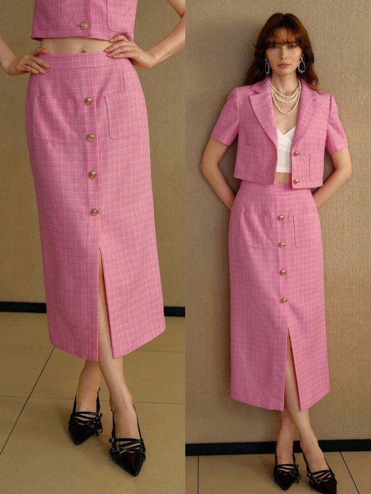 PLAID PRINT PATCH POCKET SPLIT SKIRT
