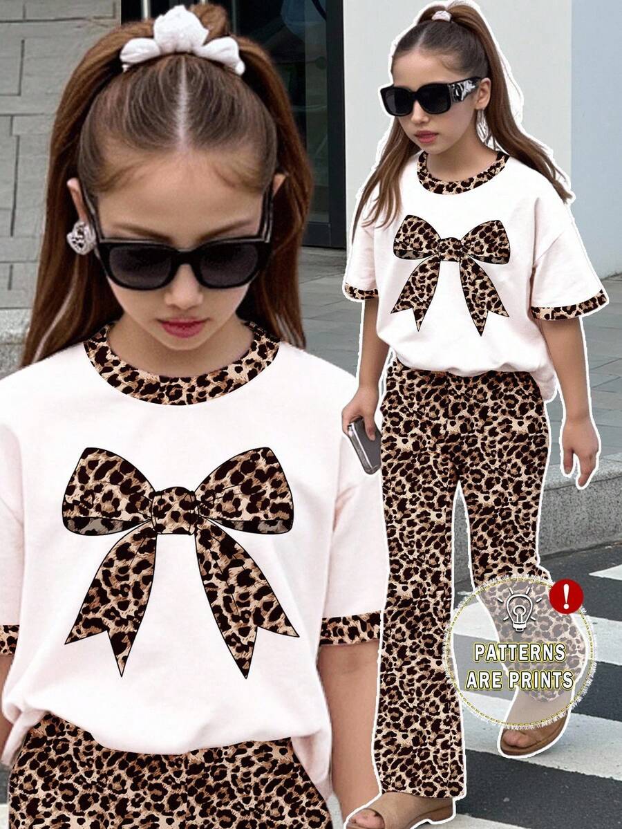 Conjunto de 2 piezas de estilo vintage con estampado de leopardo y lazo: camiseta de manga corta de cuello redondo holgada y pantalones acampanados para adolescentes y chicas, para estilo callejero, casual, deportivo, picnic al aire libre, salidas, fotografía callejera, hogar, campus - Multicolor - Ver 1