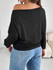 SHEIN Essnce Plus Size Women's And Fashion Casual Loose Comfortable Daily Basic Versatile Slim Shoulder Black Long-Sleeved T-Shirt,Simple Style Tops Spring - Black - View 2