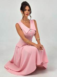 Firerie Women's Soft Pink Summer Elegant Tea Party Dress, Lapel Pearl Button Low Waist A-Line Mid-Length Sleeveless Graduation Teacher Outfits - Pink - View 7