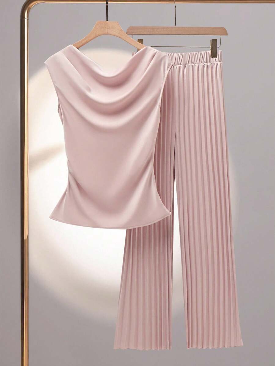 Franclia Women's Elegant Satin High Neck Ruffle Blouse And High Waist Pleated Pants 2 Pieces Set Clothes For University - Pink - View 1