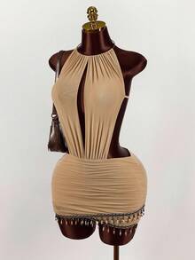 Amplova Mesh Plunging Neck Vintage Tassel Beaded Decor Bodycon Mini Dress - Khaki - View 3