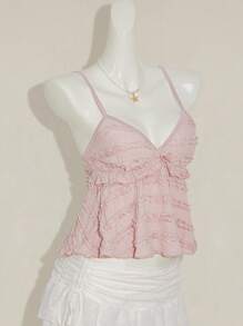 Sweetina Blusa de tirantes de mujer con volantes de tela texturizada de unicolor para el verano y vacaciones - Rosa - Ver 7