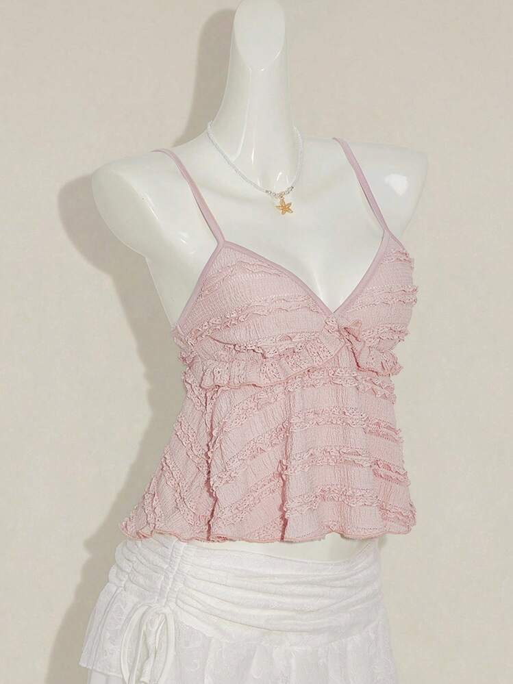 Women's Sleeveless Blouse With Ruffles In Solid-Color Textured Fabric For Summer And Vacation - Orange Powder - View 7