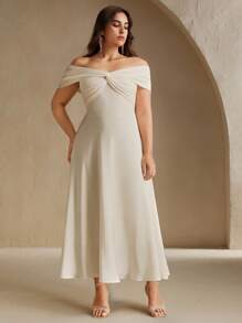 Anewsta 露肩优雅性感结饰弹力杏色连衣裙，适合婚礼、毕业典礼 - 杏色 - 查看 4