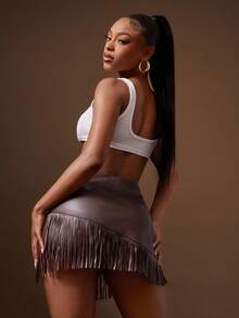 Denimoi Faux Leather Fringe Hem Buckle Detail Mini Skirt