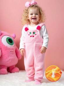 SHEIN 2pcs Baby Girls Casual Cute Round Neck Long Sleeve T-Shirt And Bib Overalls With Embroidery Plush Pants Set, Autumn/Winter - Multicolor - View 3