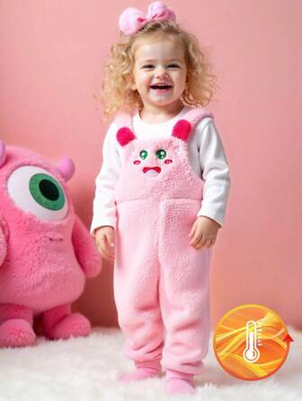 SHEIN Persoplay Kids 2pcs Baby Girls Casual Cute Round Neck Long Sleeve T-Shirt And Bib Overalls With Embroidery Plush Pants Set, Autumn/Winter