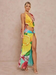 Lumalex Herbst, bescheiden, altes Geld, kokett, glitzernd, Urlaubsparty-Outfit, Rave, Festival, Ausflug, Schwimmen, Urlaub, Bohemian, BOHO, Meer, Strand, heiß, Outdoor, reich geschichtet, Hochzeitssaison, Bankett, Zeremonie zum Erwachsenwerden, Strand, Meer, 2 Stücke Set, Neckholder-Top mit tropischem Blumen- und Fruchtdruck und hochgeschlitzter, tief taillierter Rock für Damen