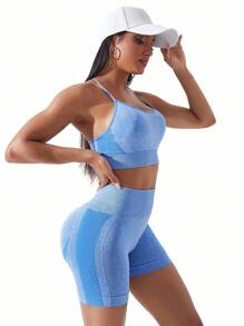 Easithlete Áo ngực thể thao co giãn cao liền mạch kèm quần short biker tập luyện cho nữ Bộ tập luyện cho nữ - Màu xanh lam - Xem 3