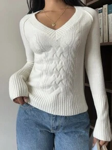 SHEIN EZwear 秋冬女式常规款V领插肩袖扭纹图案套头衫 - 米色 - 查看 4