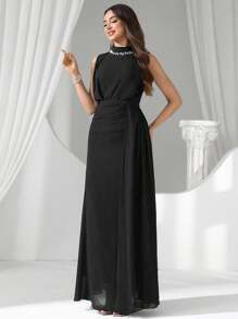 Coutiva 奢华晚礼服，亮片和珍珠领，高端优雅派对礼服 - 黑色 - 查看 7