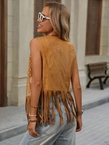 Brillora 约会外出，女士秋冬刺绣流苏及地无袖轻薄外套，秋冬假日游牧风外套，校服，简约，女士乡村风，办公室着装，复古风，教师装，约会装，毕业季，时尚女式外套，棕色外套，秋季 - 黃色 - 查看 2