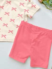SHEIN Baby Girl Cute Mini Pink Bow Print Casual Short Sleeve T-Shirt & Fitted Shorts Set, Suitable For Spring & Summer - Multicolor - View 7