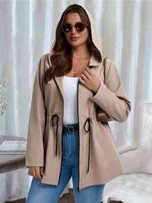 EMERY ROSE Giacca con cappuccio con coulisse in vita e chiusura lampo, tinta unita, casual, per donna taglie forti, adatta per primavera/autunno, leggera, giacca con chiusura lampo per donna, giacca casual per donna taglie forti, adatta per inverno, ufficio, ritorno a scuola, insegnanti, anorak con chiusura lampo per donna