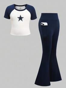 SHEIN Girlism Tween-Mädchen Lässiges Schul-Street-Chic-Outfit mit Pentagramm-Herz-Print, Farbblock, Raglanärmeln, kurzärmligem T-Shirt-Oberteil mit Handytasche und enganliegender Strickhose mit ausgestelltem Bein, Marineblau