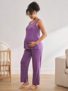 Moonlight&Mama Soft & Skin-Friendly Casual Loungewear Maternity Pajama Set - Purple - View 4