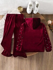 Tween Girls Velvet Zip-Up Hoodie & Pants Set, Autumn Fall Winter - Burgundy - View 2
