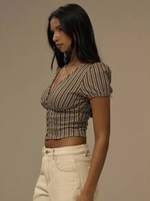 MUSERA V 领泡泡袖条纹纽扣修身上衣秋季可爱休闲干净女孩街头服饰节日乡村复古秋季秋季农舍