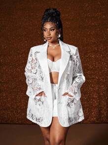 Maweii Plus Size Elegant Vintage Party Lace Blazer - White - View 4