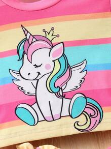 SHEIN Genkimix Kids 女孩獨角獸印花彩虹條紋短袖t卹+短褲套裝