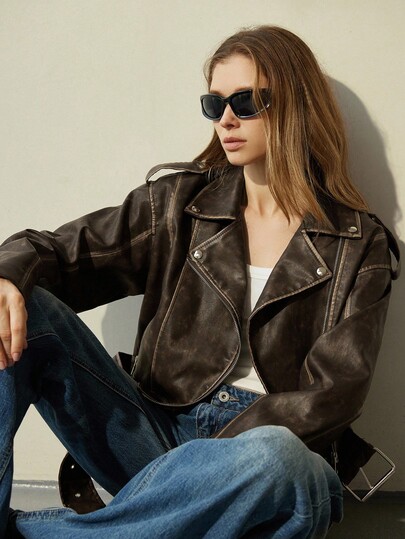 Aveloria Modichic Nueva chaqueta de piel de PU de diseño de alta calidad, chaqueta con cremallera de cuello elegante y versátil de moda para mujeres