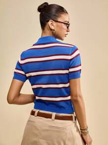 Muvela Áo thun polo sọc xanh đỏ giản dị mùa hè dành cho nữ, Áo thun tay ngắn cài nút, trang phục mùa hè dành cho nữ - Nhiều màu - Xem 8