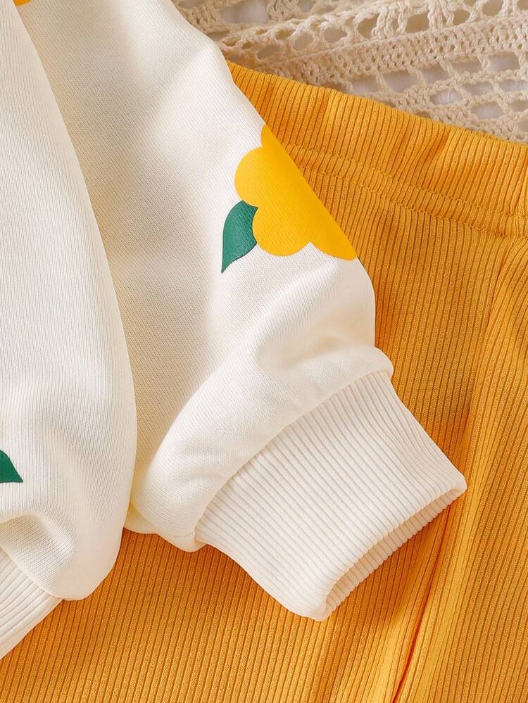 Elladie kids Babyflickors casual söta sweatshirtset, 3D-virkad blommig pullovertopp och stickade leggings, höstoutfit - Gul - Visa 3