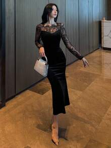 DAZY Váy midi đuôi cá phối ren chắp vá cho nữ, váy dài tay mùa thu - màu đen - Xem 6