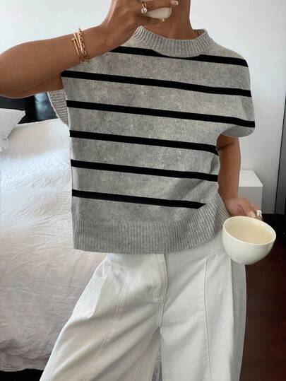 Siren Gaze 女士休闲条纹短袖针织上衣，法式时尚，适合秋冬