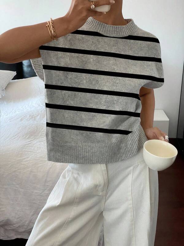 Siren Gaze 女士休闲条纹短袖针织上衣，法式时尚，适合秋冬