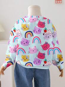 SHEIN Cute Cat & Rainbow Print, Young Girls Casual Loose Fit Crew Neck Comfy Daily Wear Knitted Long Sleeve Hoodies, Suitable For Autumn And Winter - Multicolor - View 2