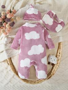 3 件套新生女婴莲花粉色长袖连体衣、帽子和围兜，可爱风格家居服 - 藕粉色 - 查看 2