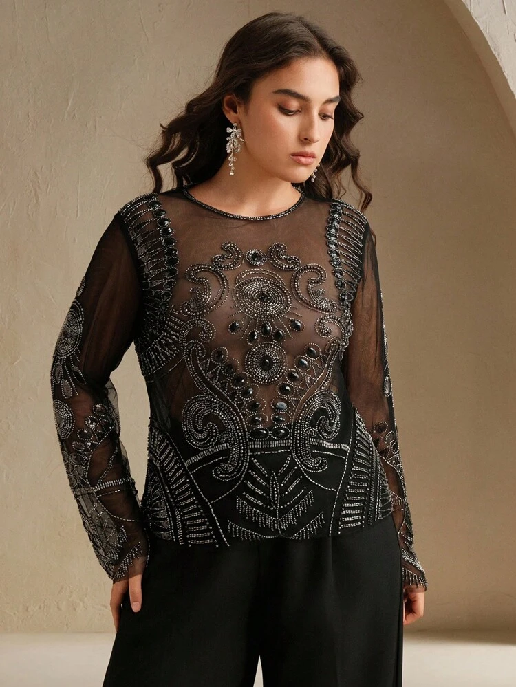 Plus Size Women Vintage Coin Pattern Mesh Beaded Embroidery Long Sleeve Casual Blouse