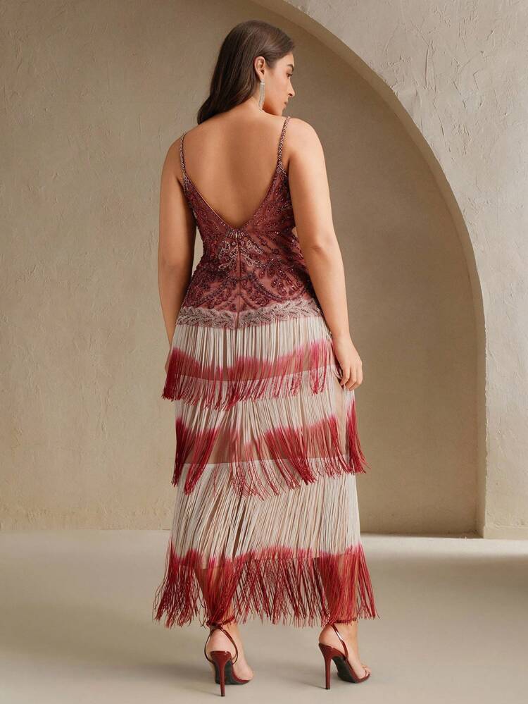 Vestido Formal Elegante com Lantejoulas e Franjas Decotado nas Costas para Mulheres Plus Size, Adequado para Gala