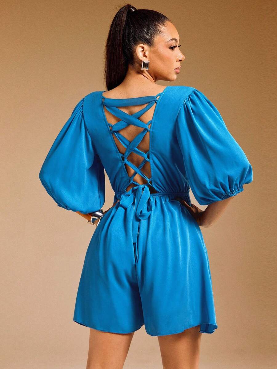 Vixey Women's Summer Minimalist Solid Deep V-Neck Romper, Bright Blue Dress, Blue Vacation Dress, Blue Summer Dress, Lace Up Back Dress, Vacation Outfits For Women - Blue - View 1