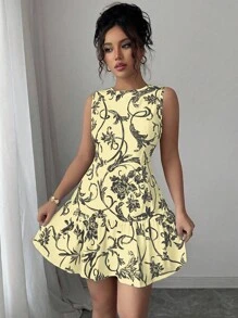 Elenzga 最新款花卉印花圆领无袖收腰女式迷你连衣裙，春夏 - 黃色 - 查看 4