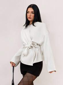 SHEIN Tall 女式简约纯色前开插肩大衣白色系带前上衣裹身开衫女式开衫白色开衫系带前开衫曲线开衫秋冬 - 白色 - 查看 7