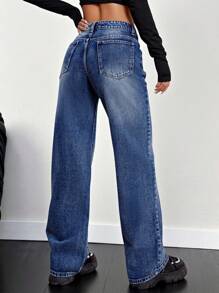 SHEIN PETITE Slant Pocket Wide Leg Jeans - Dark Wash - View 2