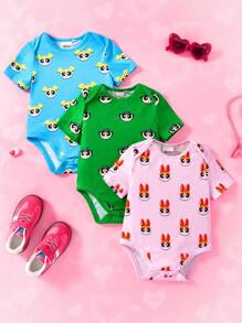 THE POWERPUFF GIRLS X SHEIN 3pcs Baby Girl Blossom, Bubbles, Buttercup Pattern Cute Short Sleeve Bodysuit Set, Pink/Blue/Green - Multicolor - View 1