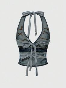 ROMWE Hippie Vintage Western Cowgirl Knotted Sexy Crop Top - Blue - View 2