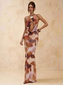SHEIN BAE 扎染不对称褶皱修身细肩带露背连衣裙，优雅，海滩度假连衣裙，露背长裙，春夏